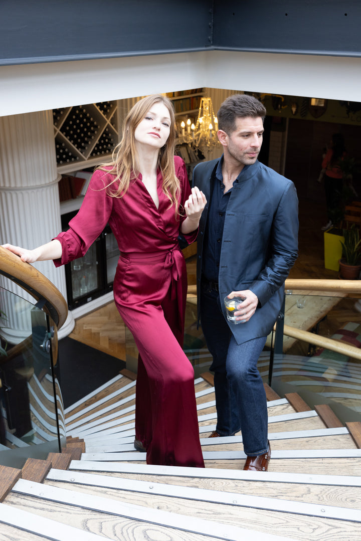 cherry silk jumpsuit with belt and long sleeves