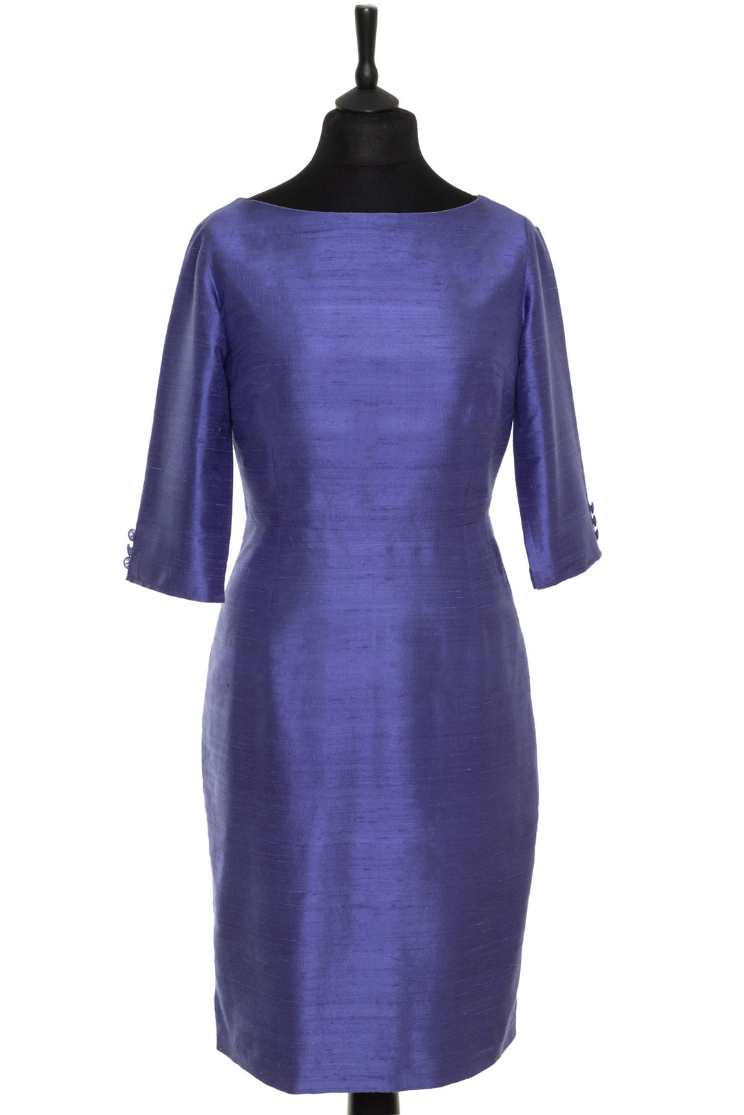 Elegant bateau neckline dress for mature ladies. Silk shift dress in blue.