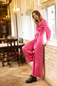 silk long women's jumpsuit with wide leg, long sleeves and belt