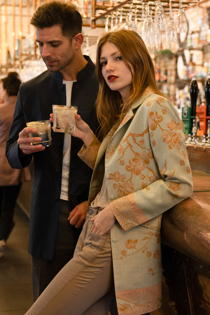 smart cashmere jacket with flowers and birds pattern