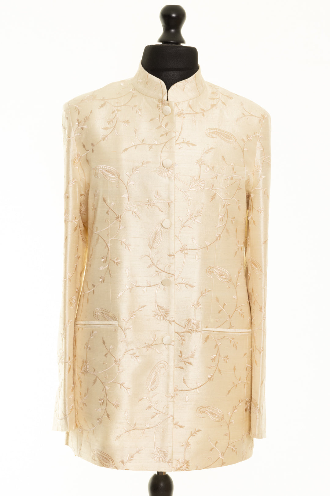 Mandarin collar groom's jacket in ivory. Handmade floral jacket for men in beige.