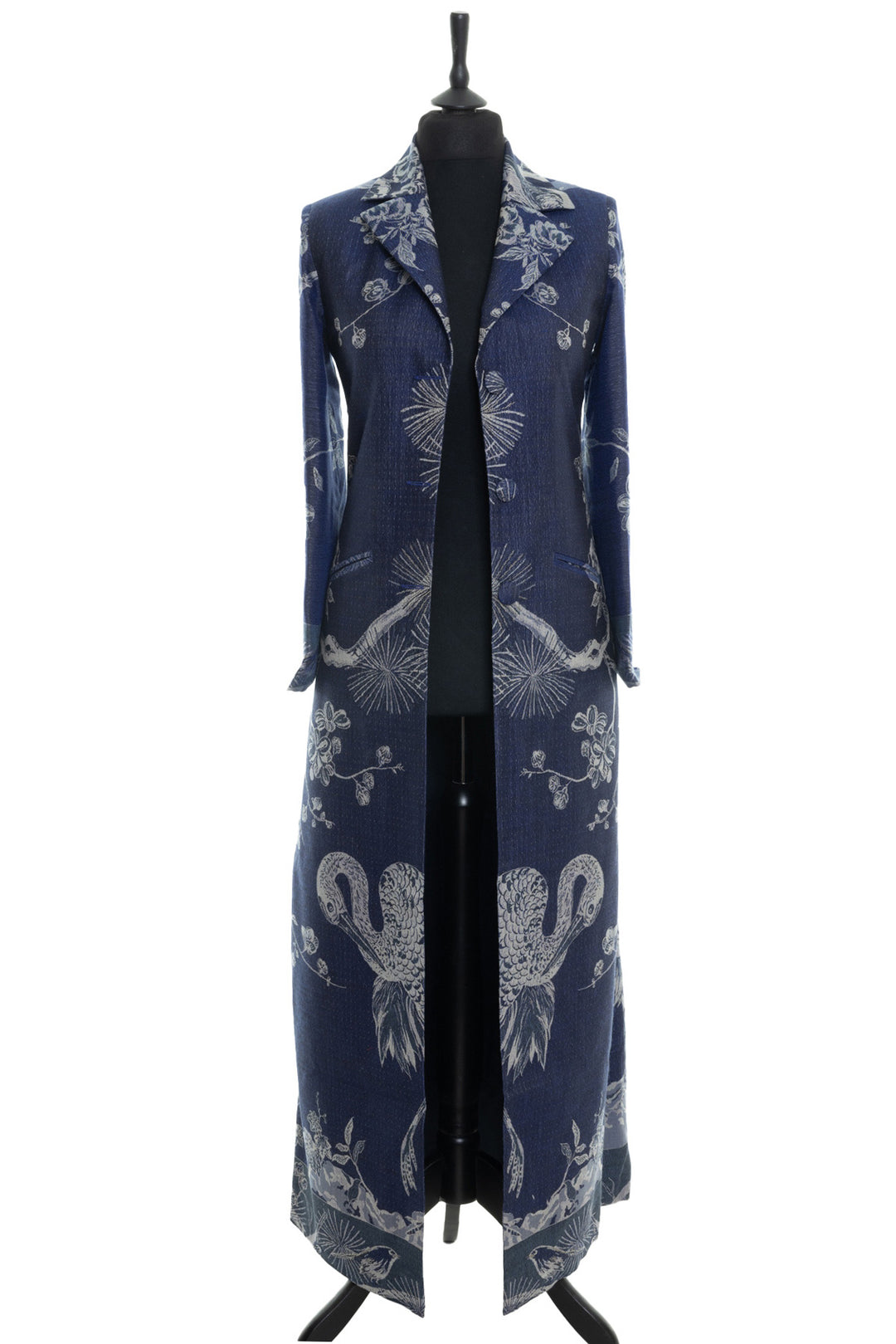 Maxi coat in navy blue with white flowers. Full length women's coat for the opera.