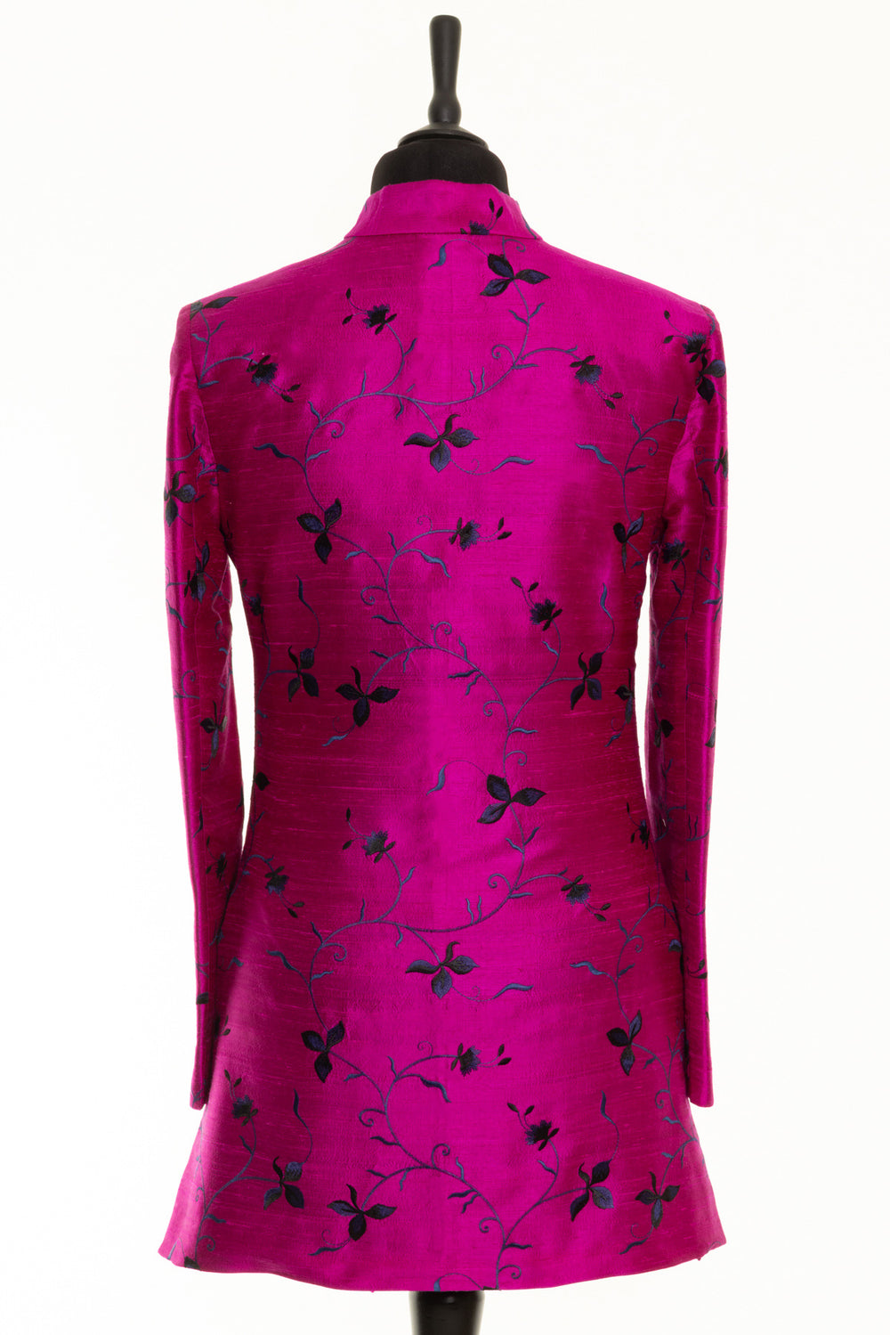 Mandarin collar pink ladies jacket for wedding guest. Silk jacket with black and blue floral embroidery.