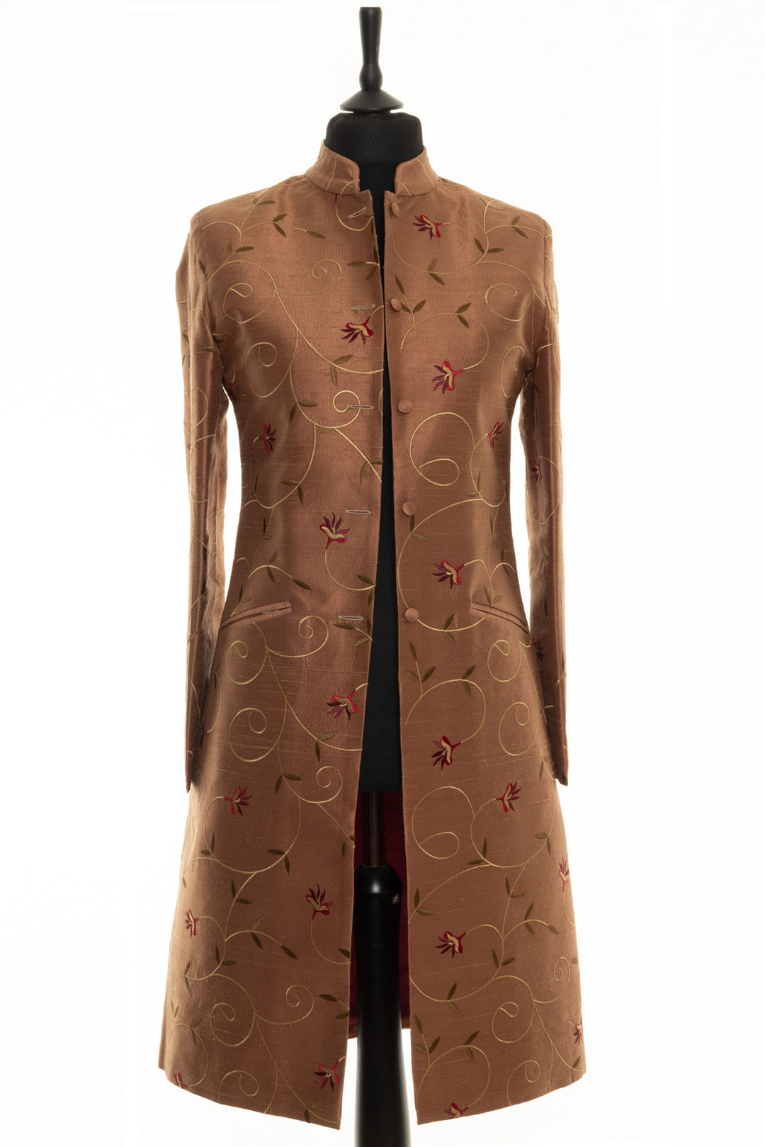 Nehru style collar coat for women. This is a brown silk jacket with red and yellow embroidery. Special occasion mid length women's coat.