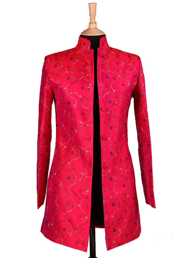 Red jacket with embroidered flowers. Wedding guest jacket for mature ladies.