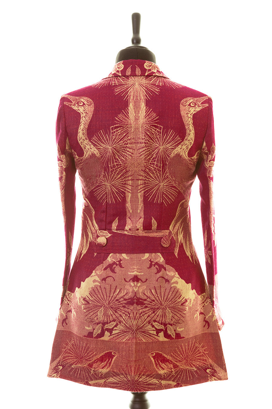 Red women's cashmere jacket with tree of life pattern at the back. Unique women's longline jacket.