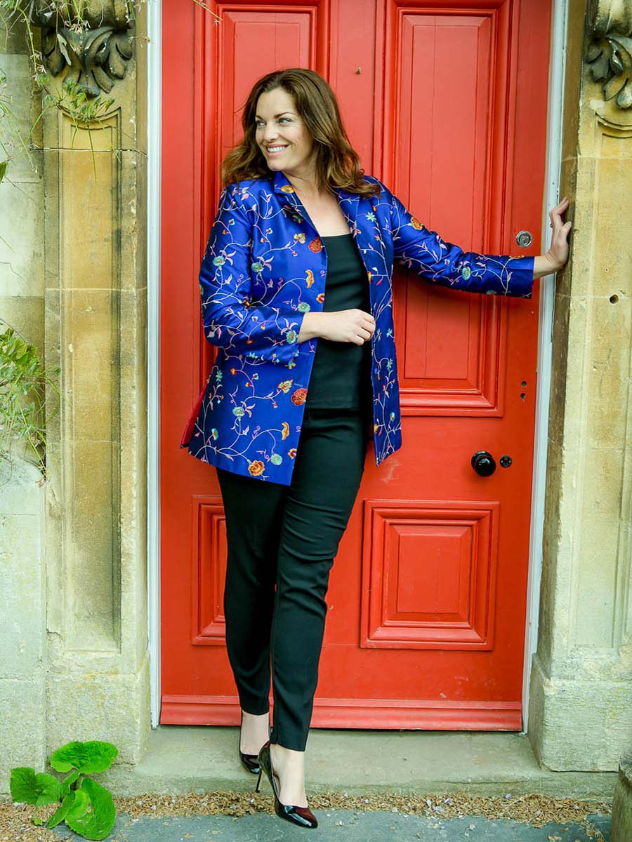 Blue embroidered longline women's jacket.