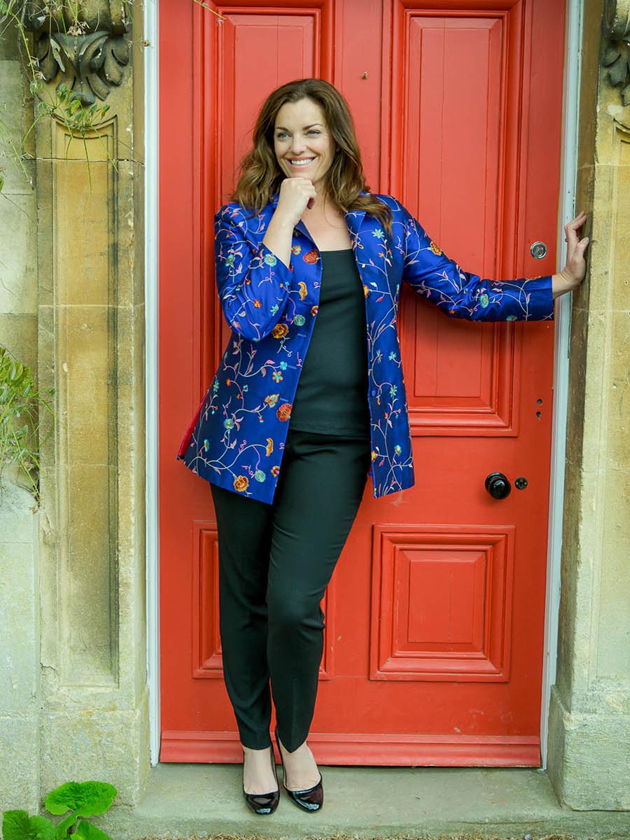 Mother of the groom blue floral jacket. Longline silk women's blazer.