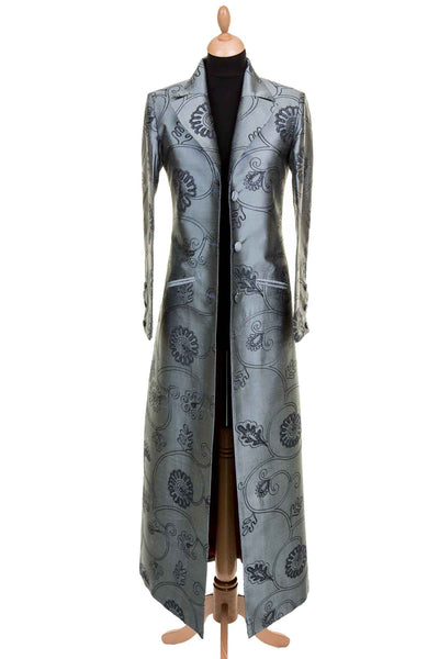 steel grey embroidered silk floor length black tie coat for women, plus size opera outfit, wedding coat to wear with trousers, outfit ideas for ascot