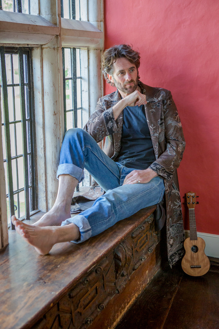 Elegant coat for men. Floral pattern brown unique coat. Cashmere coat for men.