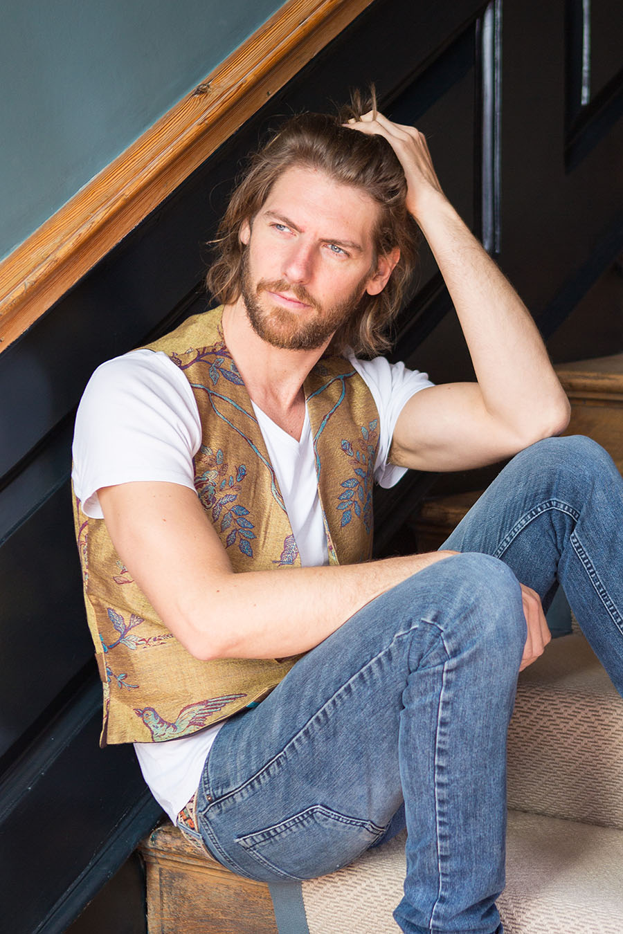 Wedding guest outfit for him. Shibumi waistcoat - handmade elegant  classic style waistcoat with unique pattern. Blue floral and birds.