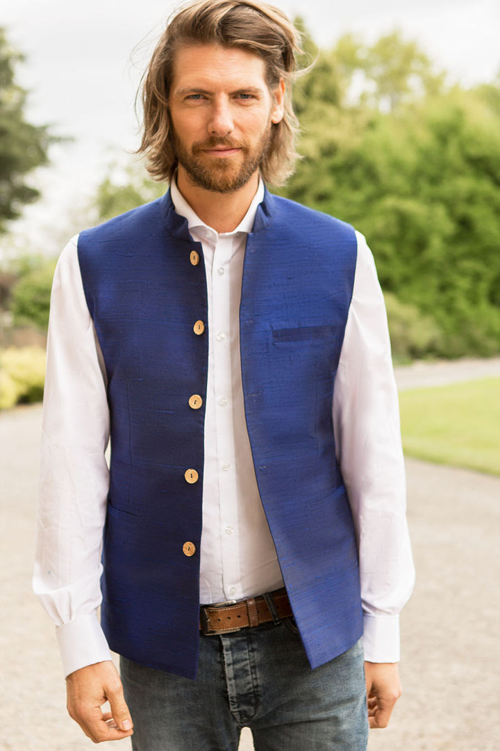 Blue silk waistcoat for men. Best men's outfit. Handmade waistcoat with high collar.