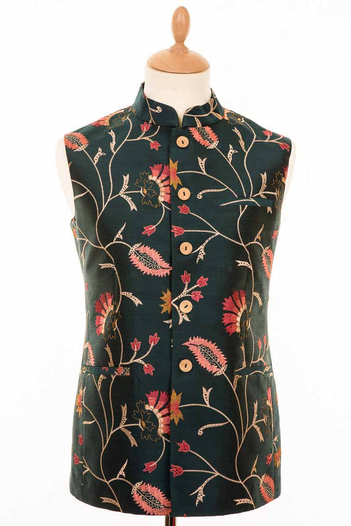 Dark green floral waistcoat for men. Nehru collar with buttons and two pockets. Handmade embroidered silk.