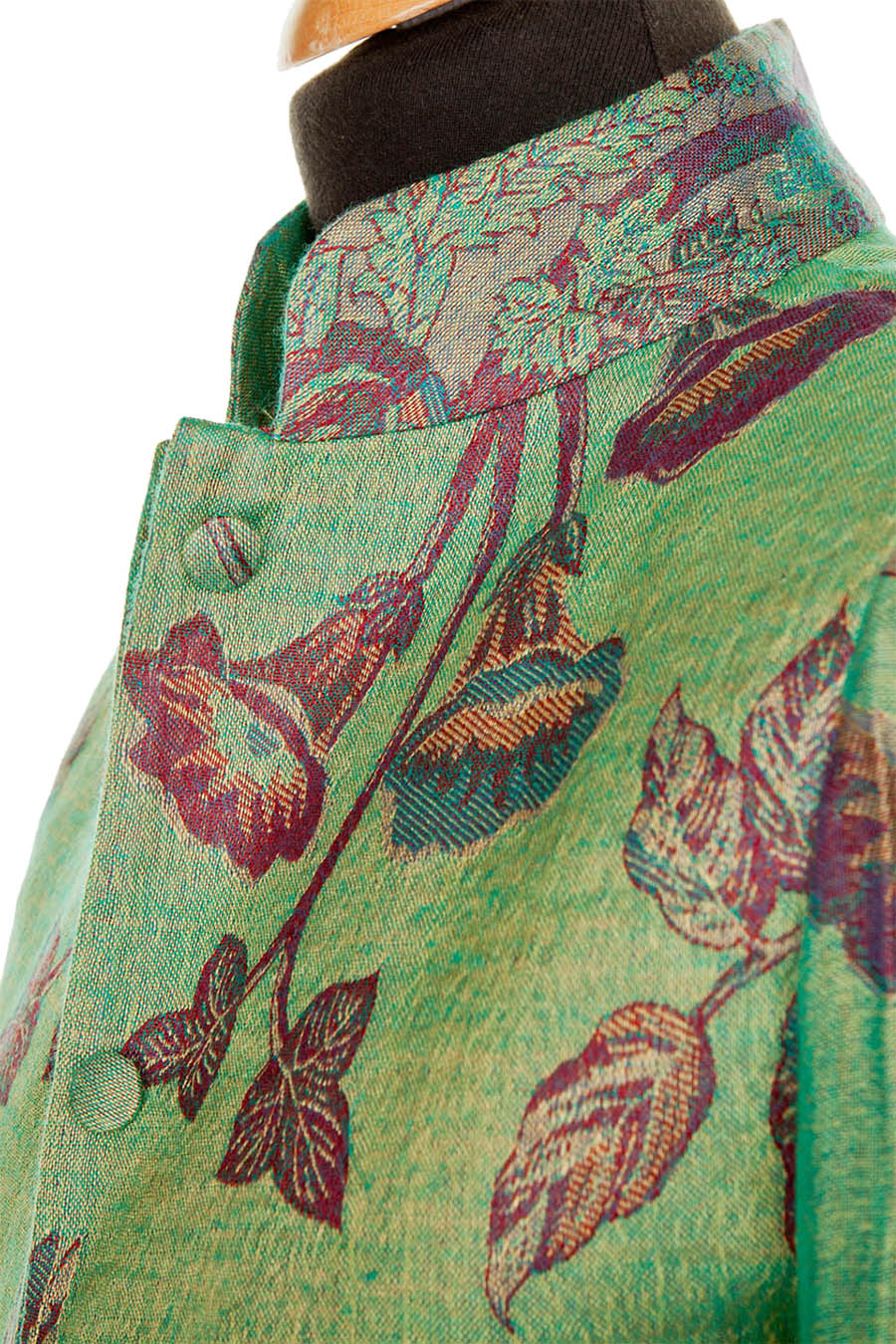 Nehru collar on green jacket with red and purple flowers.