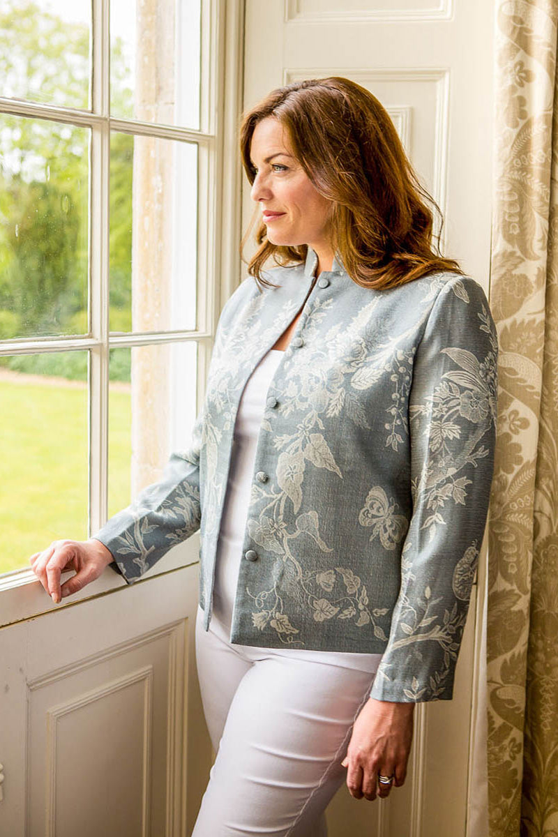 Grey shibumi jacket. Short nehru style jacket. Plus size wedding guest outfit.