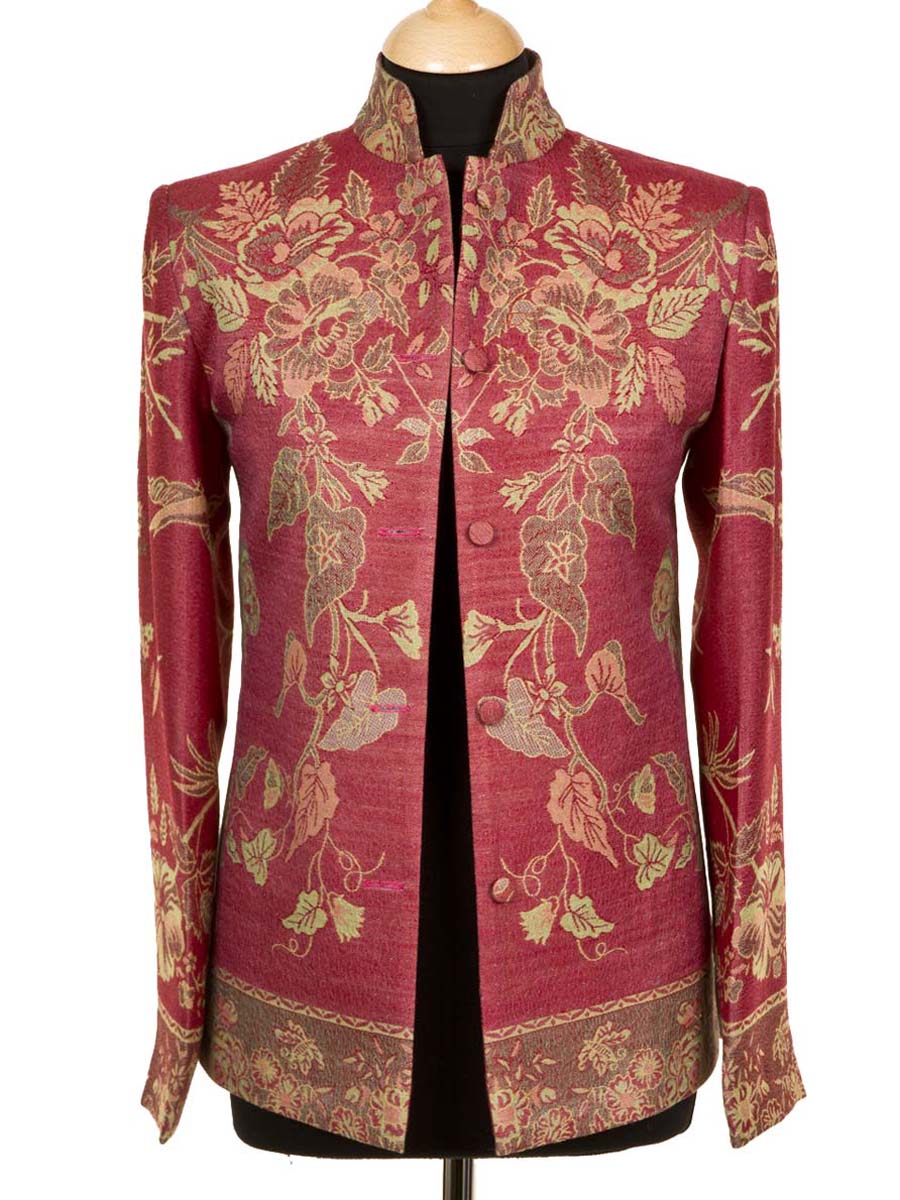 Nehru collar jacket for women. Floral pattern on red cashmere fabric. Asian style jacket.