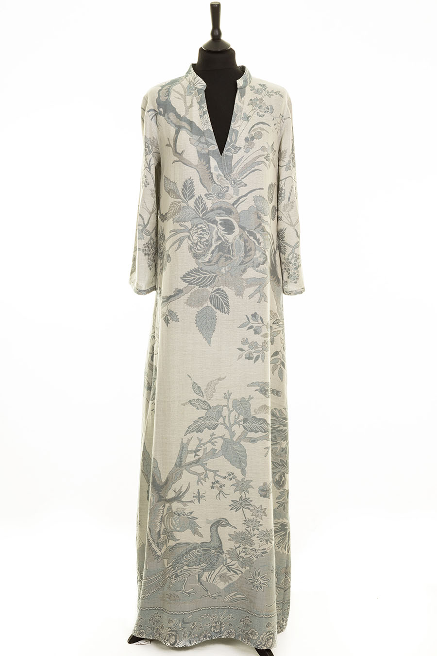 V neck dress in grey with flowers. Long kaftan style dress for holidays.