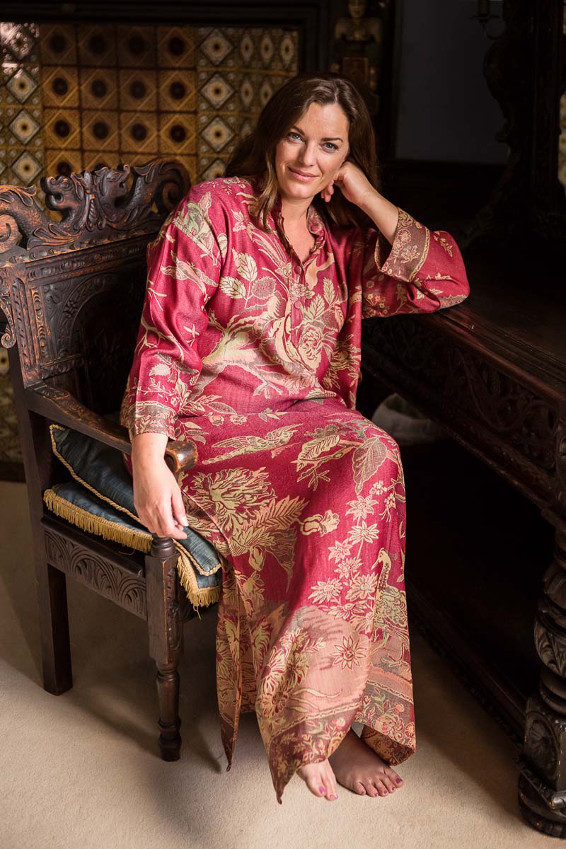 Long floral Kaftan for women. Red dress with green flowers and birds.