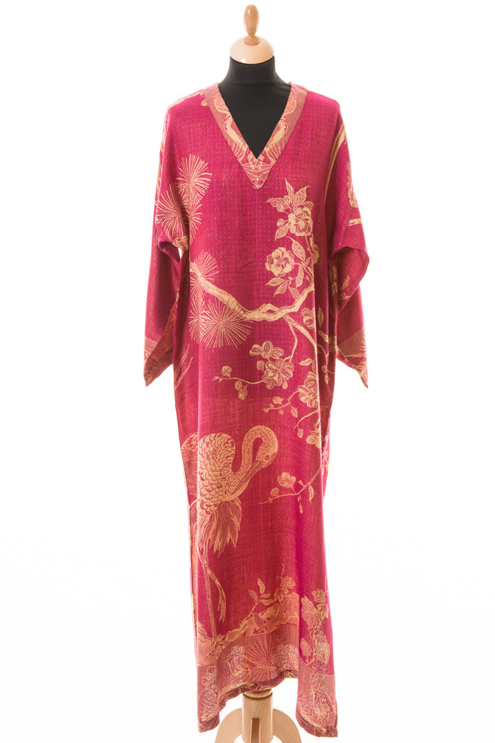 Kaftan maxi dress for women. Long red summer dress with flower pattern.