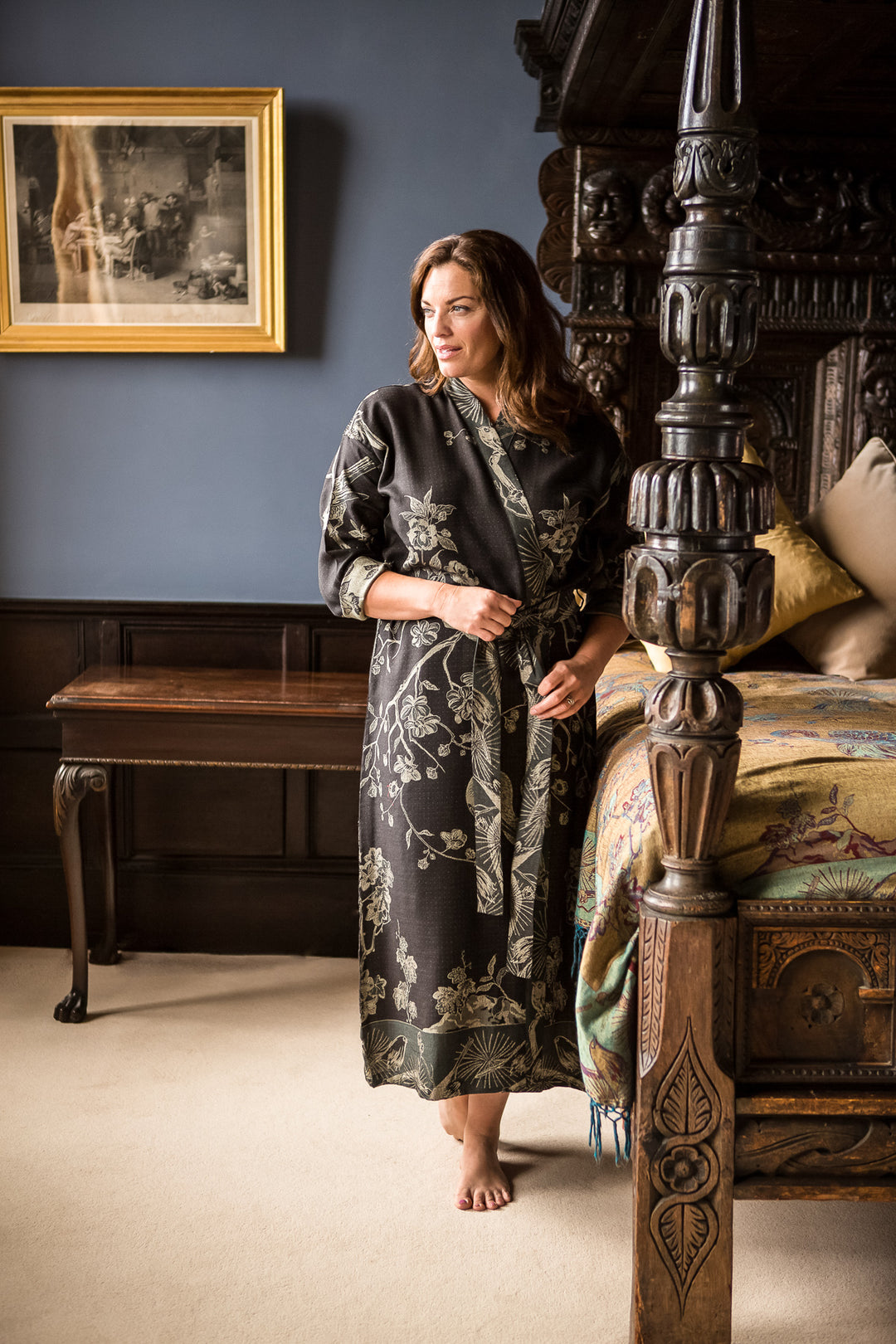Black dressing gown with silver flowers and birds. Handmade cashmere gown that is reversible and has a belt. Morning bride outfit.