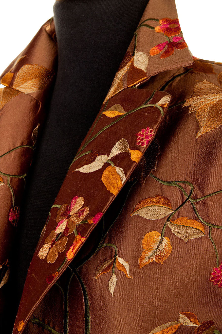 Brown silk coat collar detail.