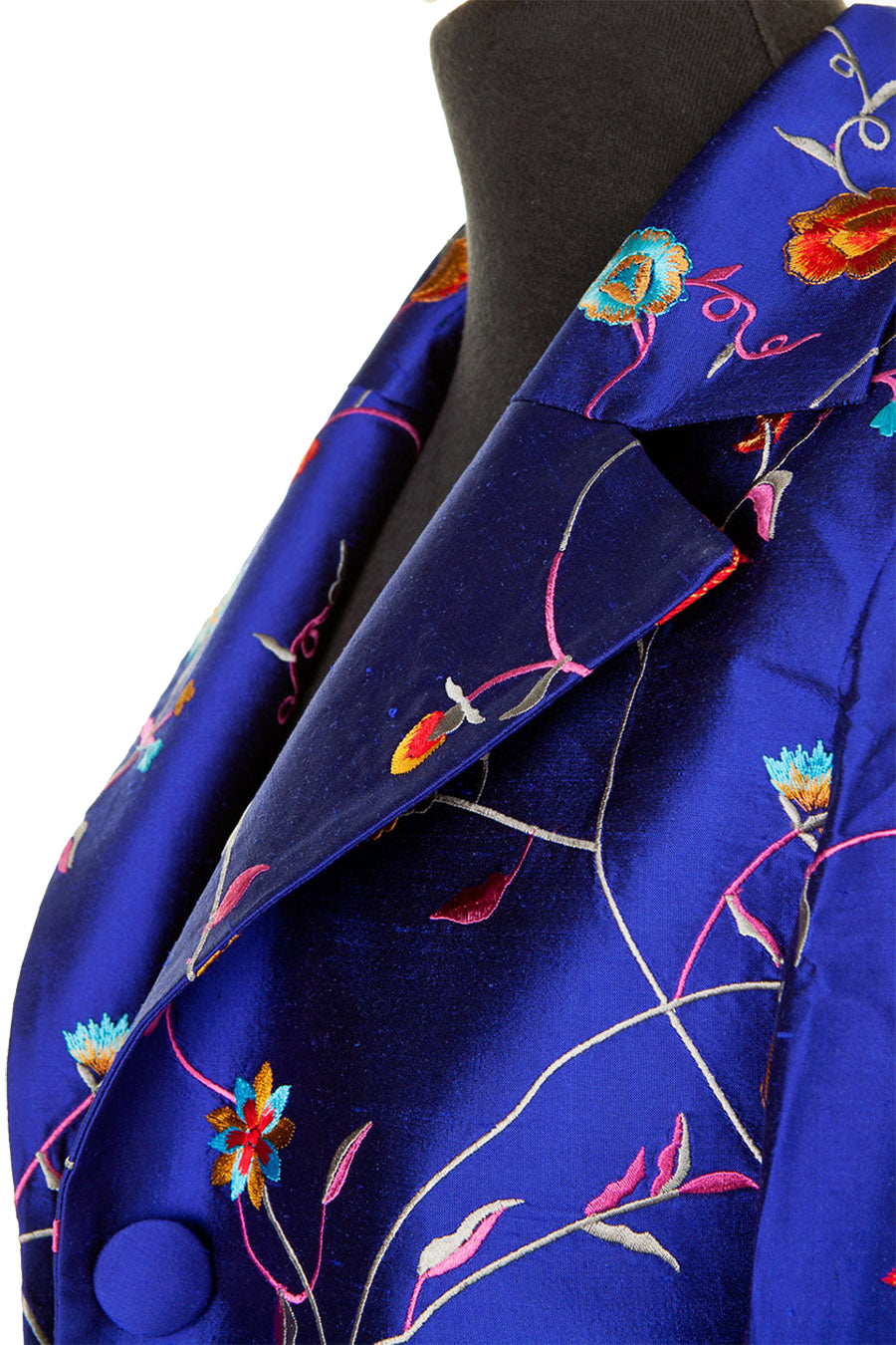 Dark blue silk floral coat for women.