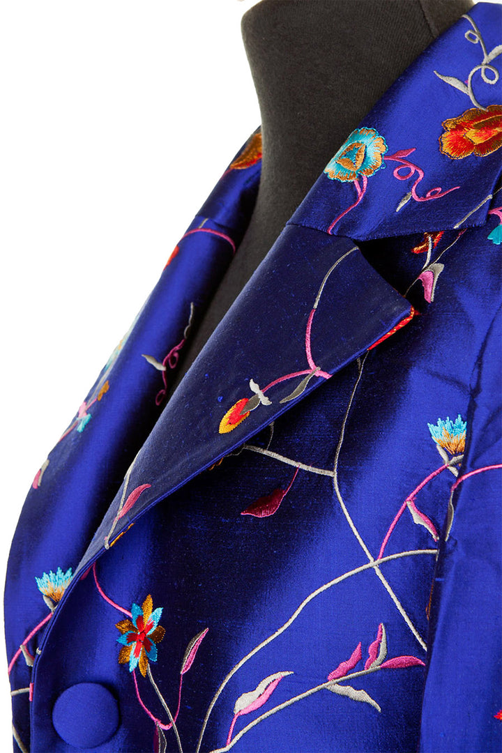 Dark blue silk floral coat for women.