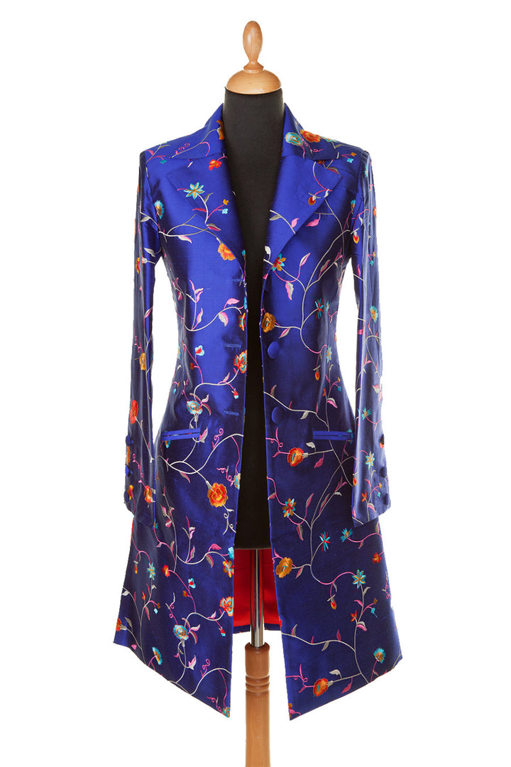 Bright blue silk coat with floral embroidery. Mother of the groom dress coat in blue.