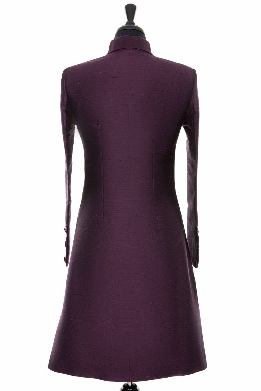 Back of a women's purple coat made from silk. This is a dress coat for weddings.