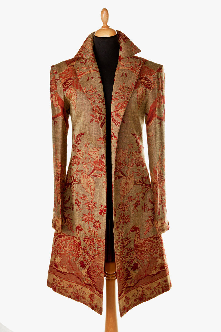 Mid length brown and red coat for women. Tree of life pattern coat.