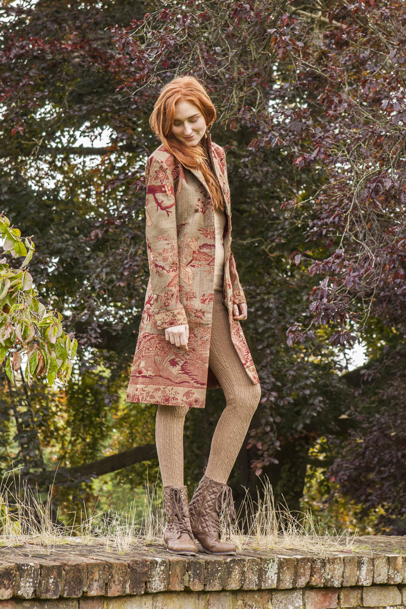 Unique knee length coat for women. Brown cashmere coat with red floral pattern. Amazing race day coat for women.