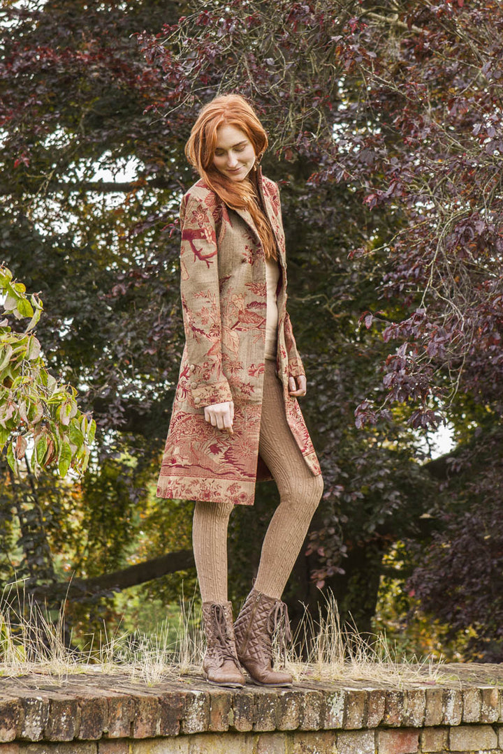 Unique knee length coat for women. Brown cashmere coat with red floral pattern. Amazing race day coat for women.