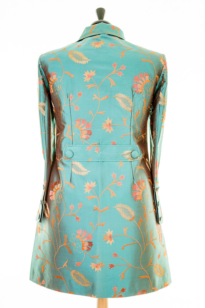 Aqua teal fitted ladies oat in blue colour with beautiful gold embroidered flowers. Stunning mother of the bride or groom mid length coat.