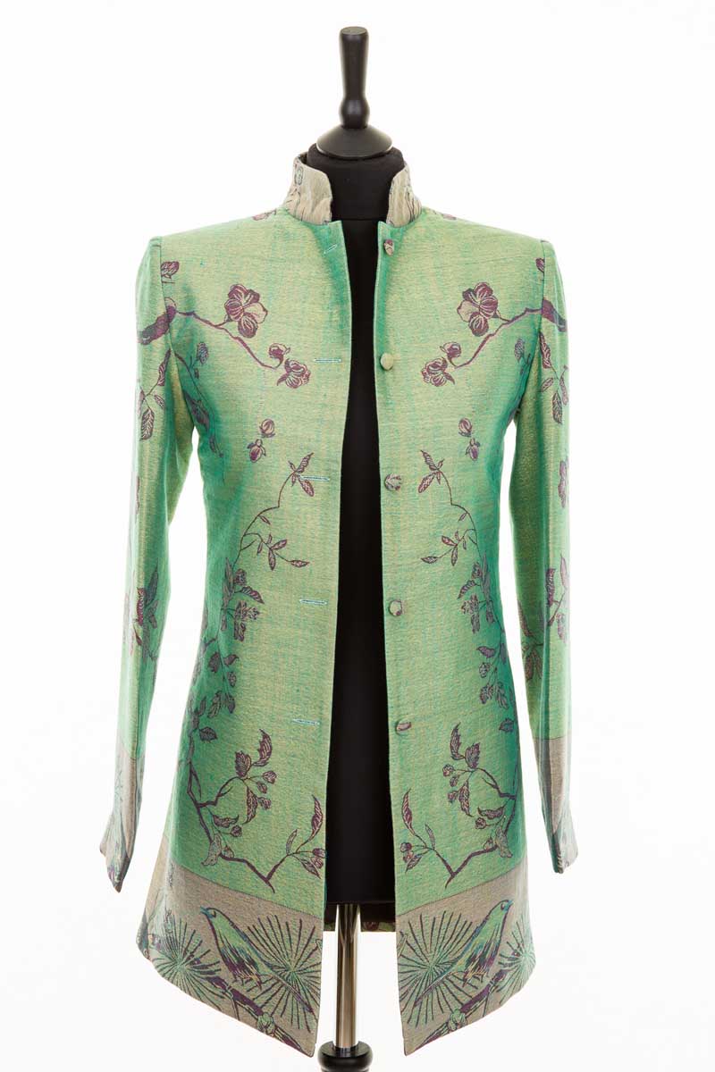 Green Shibumi jacket for women. Smart fitted jacket in green with purple flowers.
