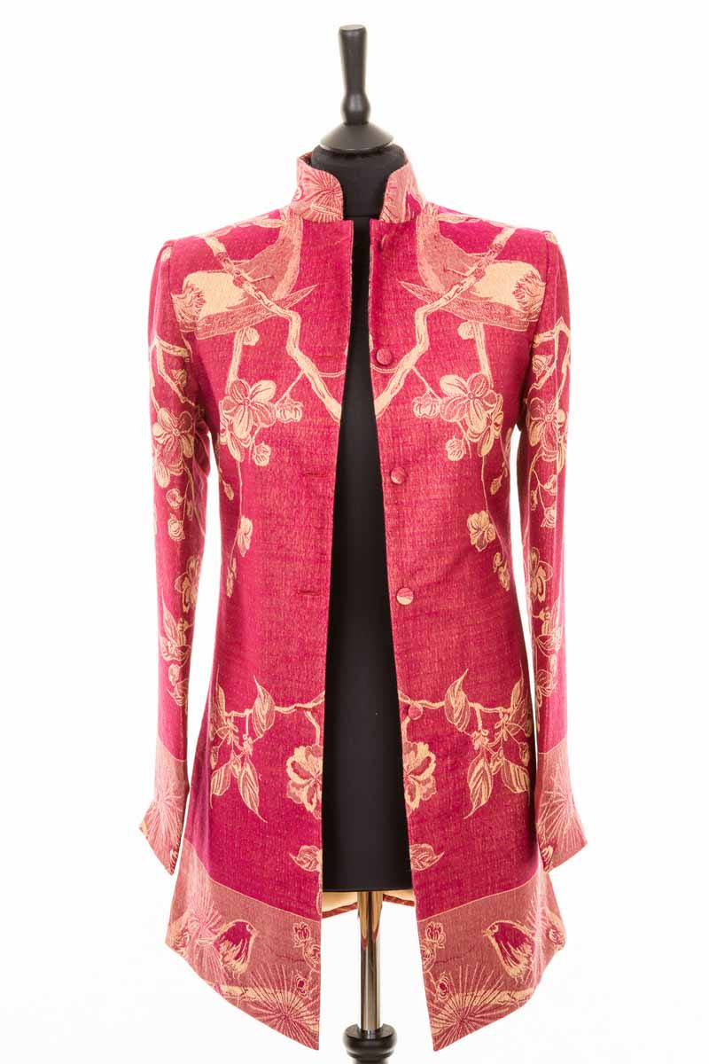 Red cashmere jacket with floral pattern. mother of the groom outfits