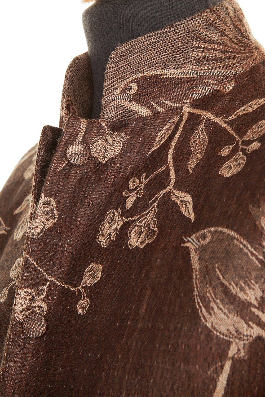 Cashmere high collar jacket with birds and flower motives. Smart casual women's jacket.