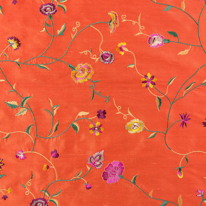 bright coral orange floral embroidered silk fabric