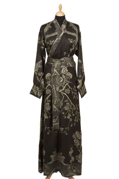 Black cashmere kimono dress with a belt, long sleeves and birds with flowers pattern 