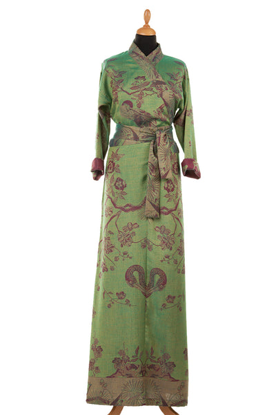 Kimono dress in gree, with red flowers and birds, tree of life pattern, plus size clothing