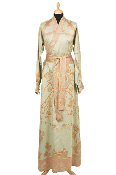 elegant kimono dress in light gree with striking pattern, cashmere dress
