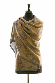 cashmere wrap in yellow with purple flowers. 