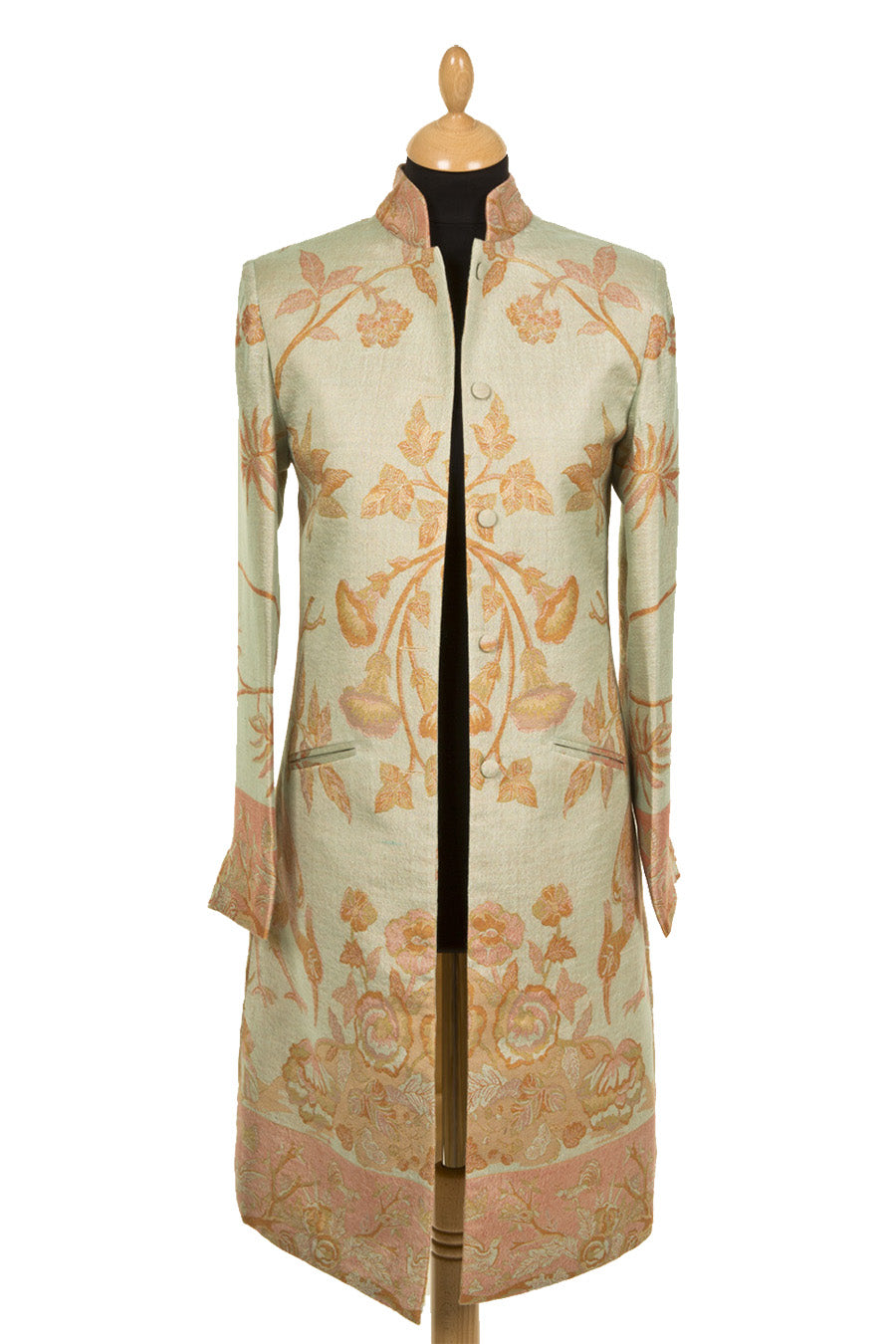 Floral coat for women. Mother of the bride coat in light green and orange.