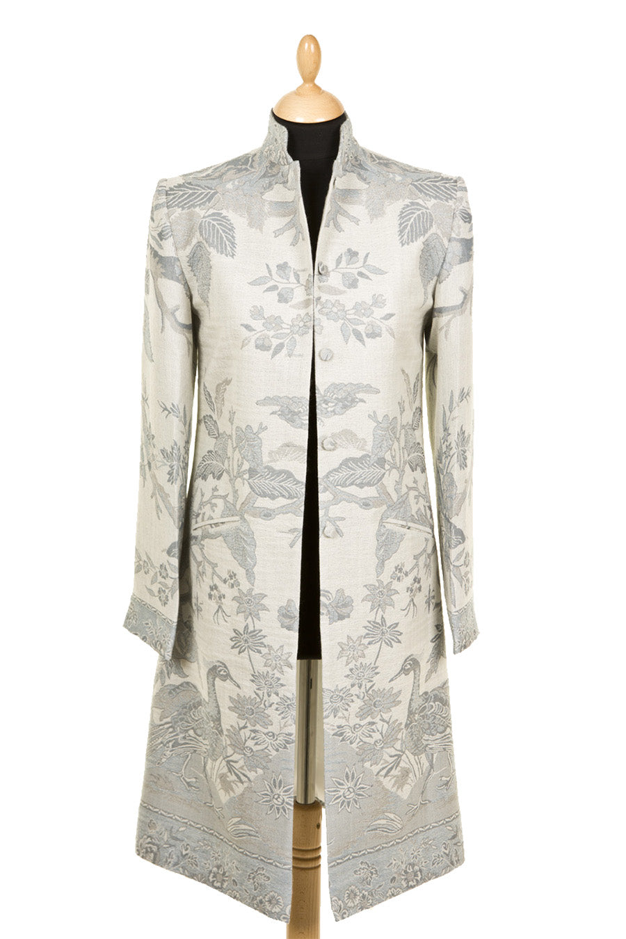 Grey floral coat with high collar. Mid length coat idea for wedding guest.