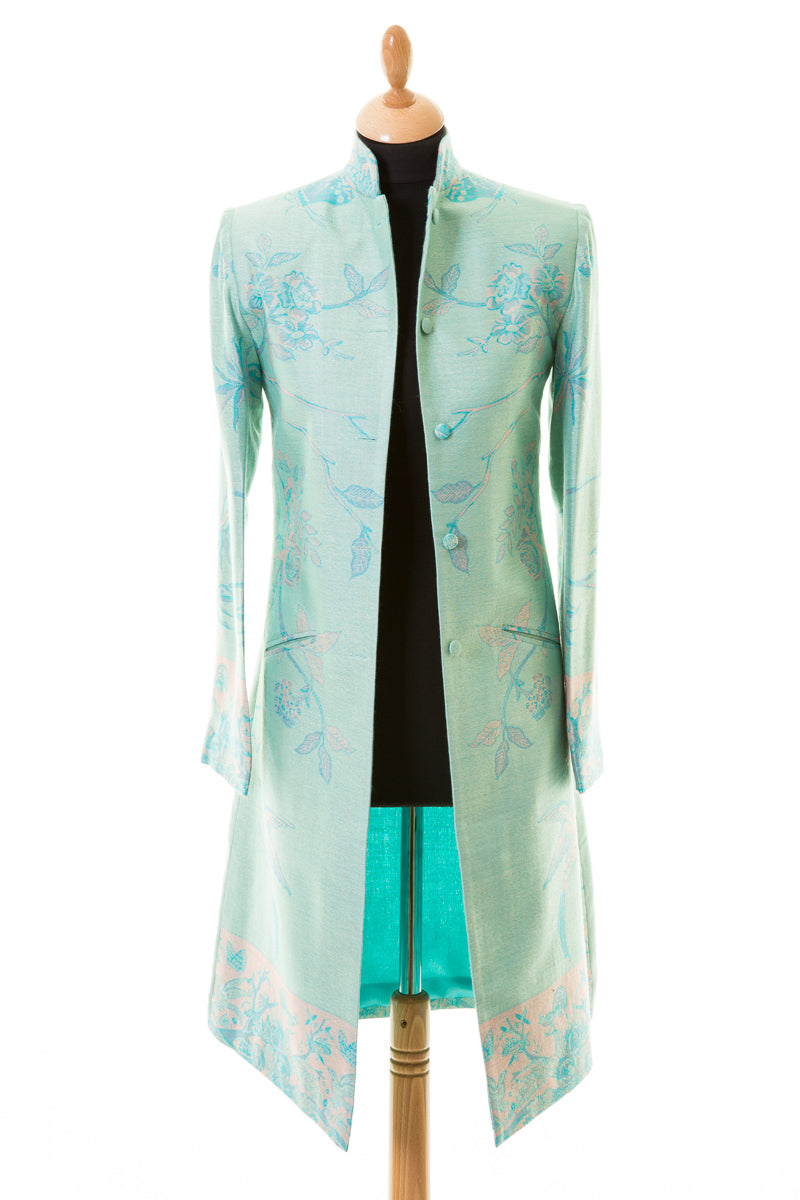 Light blue floral coat. Mother of the groom blue coat. Wedding guest outfit.