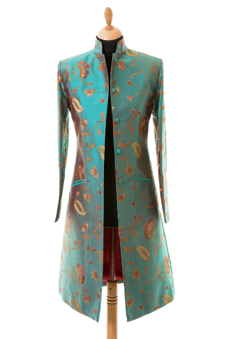 Nehru silk coat for women. Blue embroidered gold flowers fabric. Mother of the groom coat.