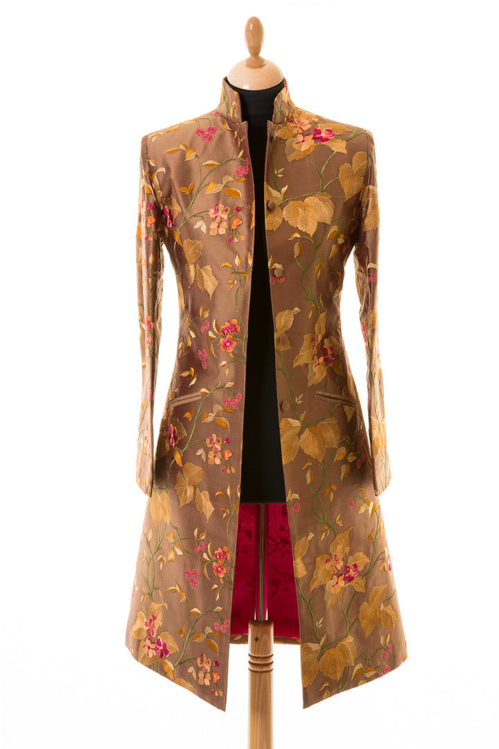 Embroidered coat in brown with flowers. Floral coat for weddings.