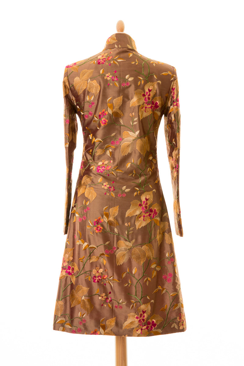 Floral coat in brown. Women's nehru collar coat.