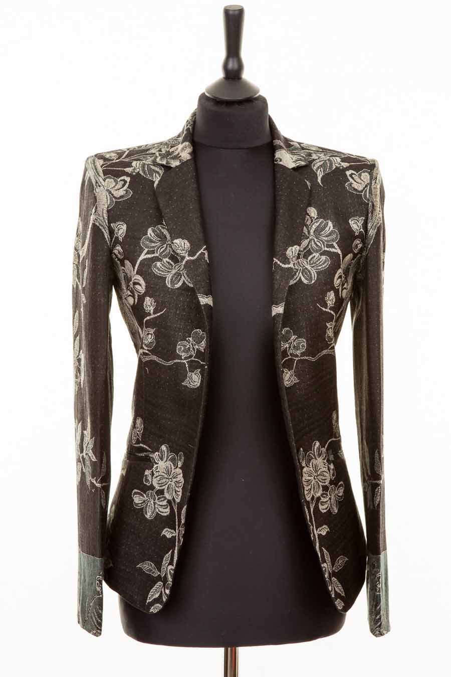Black fitted women's blazer with silver flowers. Funeral jacket for women.