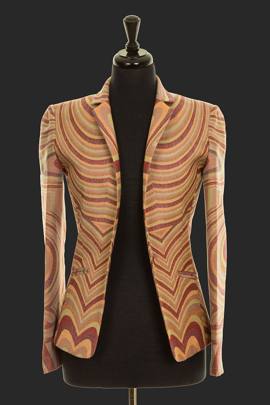 Abstract pattern jacket in red, yellow, green and orange. Art deco women's jacket.