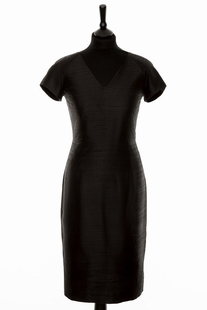 mature ladies dress in black. Raw silk shift elegant dress.